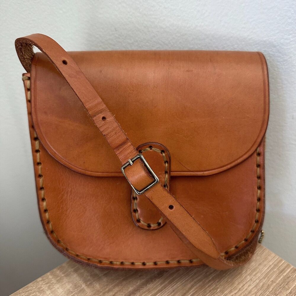 Vintage Leather Saddle Bag Crossbody Purse Whipstitch Handcrafted Boho 70s